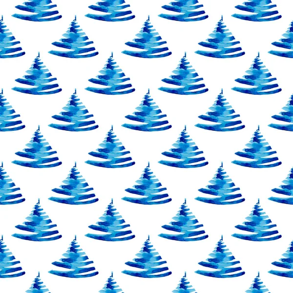 XMAS watercolor Pine Tree Seamless Pattern in Blue Color. Hand Painted fir tree background or wallpaper for Ornament, Wrapping or Christmas Gift — Stock Photo, Image