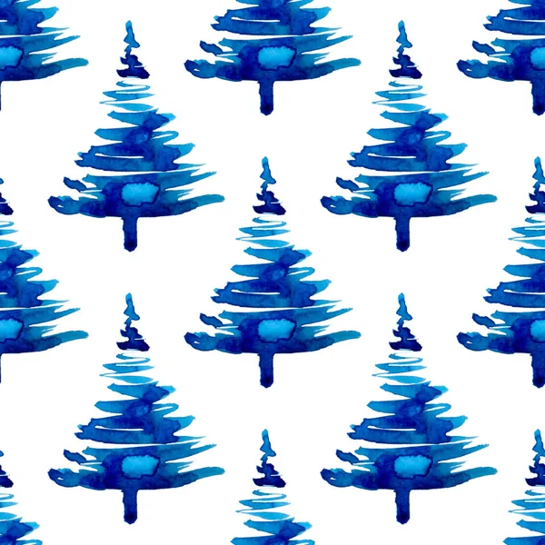 XMAS acuarela Pino árbol patrón sin costura en color azul. Fondo de abeto pintado a mano o fondo de pantalla para ornamento, envoltura o regalo de Navidad —  Fotos de Stock