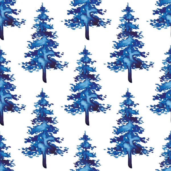 XMAS akvarell Fir Tree sömlös mönster i blå färg. Handmålade gran tall bakgrund eller tapeter för prydnad, omslag eller juldekoration — Stockfoto