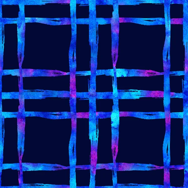 Watercolor Brush Plaid Zökkenőmentes minta kézzel festett Ellenőrizze Grange geometrikus tervezés kék színben. Modern Strokes és Stripes — Stock Fotó