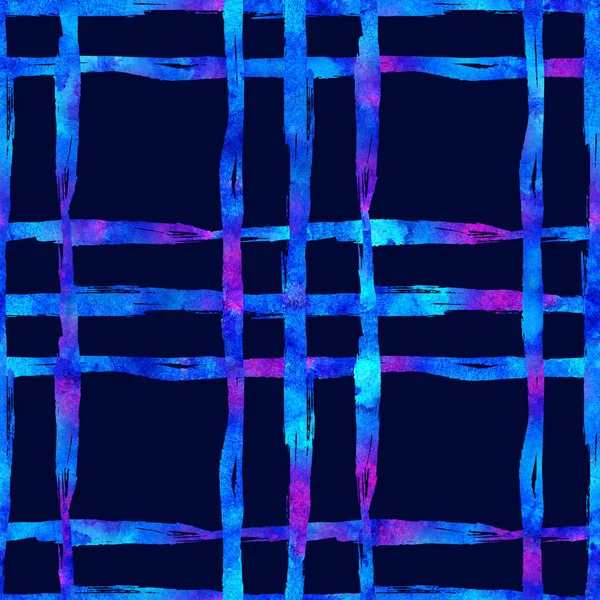 Watercolor Brush Plaid Seamless Pattern Hand Painted Check Grange Geometric Design in Blue Color. Modern Strokes and Stripes
