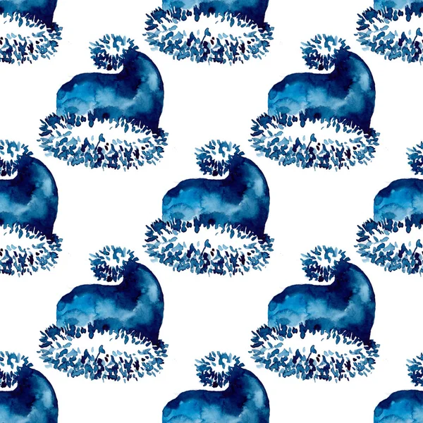 Warna air XMAS Santa Claus Hat Seamless Pattern in Blue Color. Latar belakang kostum PaintedCap Tangan atau wallpaper untuk Ornamen, Lipatan atau Hadiah Natal — Stok Foto