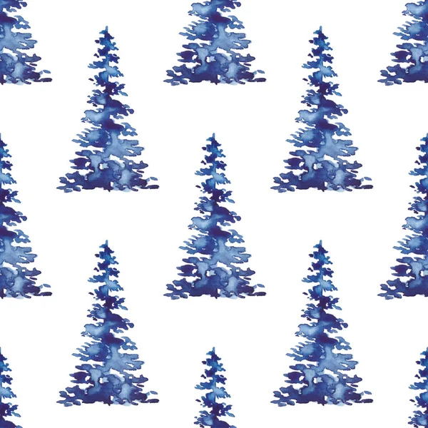 XMAS υδατογραφία Fir Tree Seamless Pattern σε μπλε χρώμα. Χέρι βαμμένο έλατο πεύκο φόντο ή ταπετσαρία για διακόσμηση, περιτύλιγμα ή χριστουγεννιάτικη διακόσμηση — Φωτογραφία Αρχείου