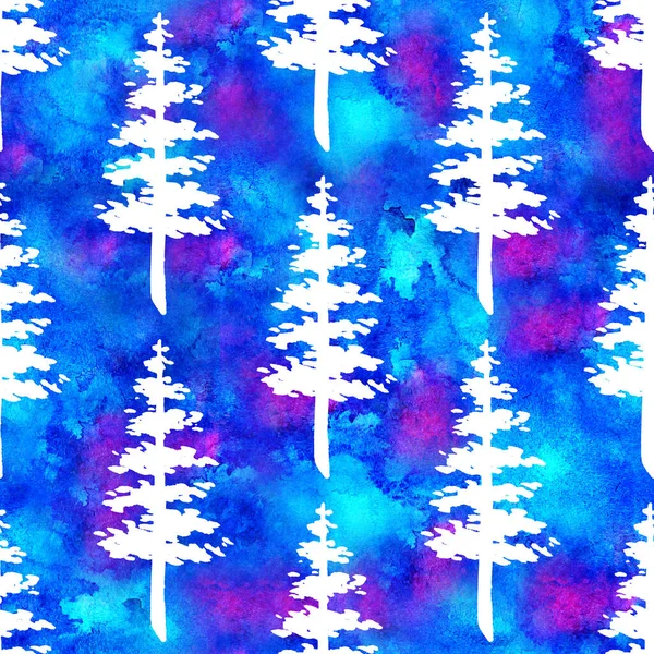 XMAS aquarela Fir árvore sem costura padrão na cor branca sobre fundo aquarela azul. Pintado à mão Spruce Pine tree papel de parede para ornamento, Envolvimento ou decoração de Natal — Fotografia de Stock