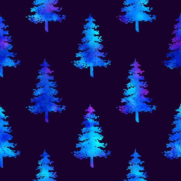 XMAS υδατογραφία Fir Tree Seamless Pattern σε λευκό χρώμα σε σκούρο μπλε φόντο. Χειροποίητη ταπετσαρία από έλατο πεύκου για διακόσμηση, περιτύλιγμα ή χριστουγεννιάτικη διακόσμηση — Φωτογραφία Αρχείου