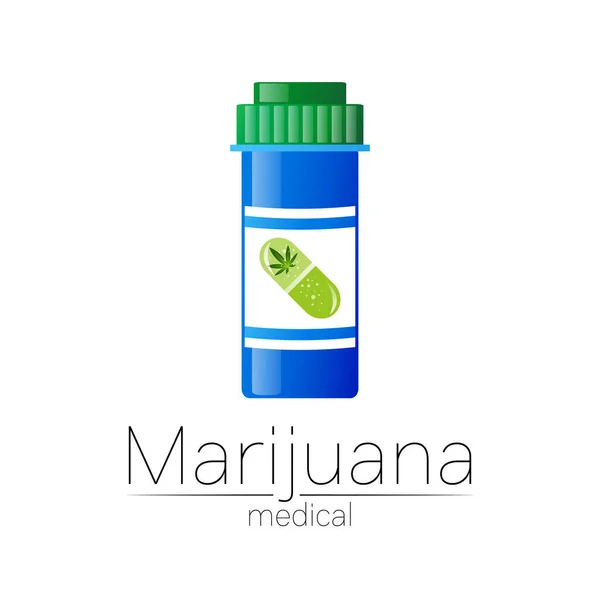 Simbolo di cannabis medica nel vettore. Logotipo per marijuana, erboristeria naturale, terapia, medici e negozi, affari. Isolato su sfondo bianco. Colore blu e verde. Pillola e tablet assistenza sanitaria — Vettoriale Stock