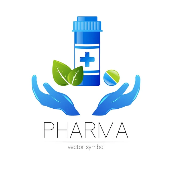 Gyógyszer Jar Vector Logo Symbol Orvosi palack lapos stílusú Pill Design Elem Gyógyszertár emberi kézzel — Stock Vector