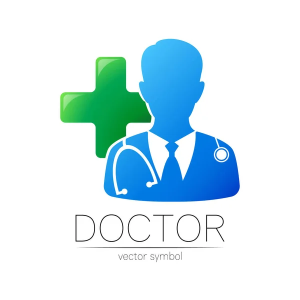 Dokter met grote groene kruis vector logotype in blauwe kleur. Silhouet medische man met kruis. Logo voor kliniek, ziekenhuis, gezondheid, geneeskunde en bedrijfsleven. Concept, template voor web, identiteit moderne stijl — Stockvector