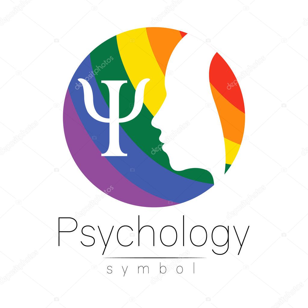 Modern head Logo sign of Psychology. Profile Human in rainbow color. Letter Psi. Creative style. Symbol in vector. Design concept. Brand company. Isolated on white background. Icon for web, logotype.
