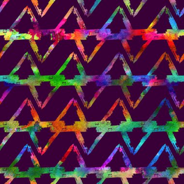 Dikişsiz desen fırça renkli üçgen. Gökkuşağı rengi mor zemin üzerine. Grange doku el boyalı. Mürekkep geometrik öğeleri. Moda modern tarzı. Sonsuz fantezi ekose kumaş baskı. Suluboya
