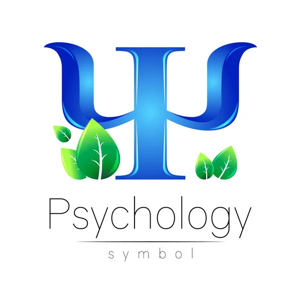 Logotipo vetorial moderno de Psicologia Carta Psi com folhas em estilo criativo. Logotipo em vector. Conceito de design. Empresa de marca. Cor azul no fundo branco. — Vetor de Stock