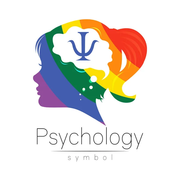 Logo moderno Kid Girl cabeza y letra Psi dentro del cerebro. Signo de logotipo de la psicología. Perfil humano. Color arco iris aislado en blanco. Estilo creativo. Símbolo en vector. Concepto de diseño. — Vector de stock