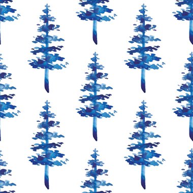 XMAS suluboya firavun ağacı mavi renkte kusursuz desen. El boyalı çam ağacı arka planı veya süs, ambalaj veya Noel süslemesi için duvar kağıdı