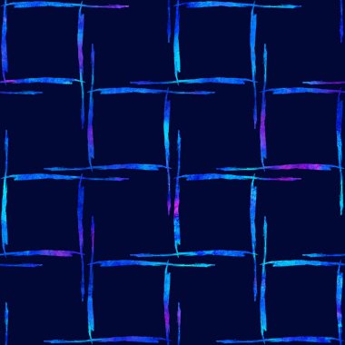 Suluboya fırça, ekoseli desensiz, el boyalı Grange Geometrik Tasarımı Mavi Renkli. Modern Vuruşlar ve Çizgiler