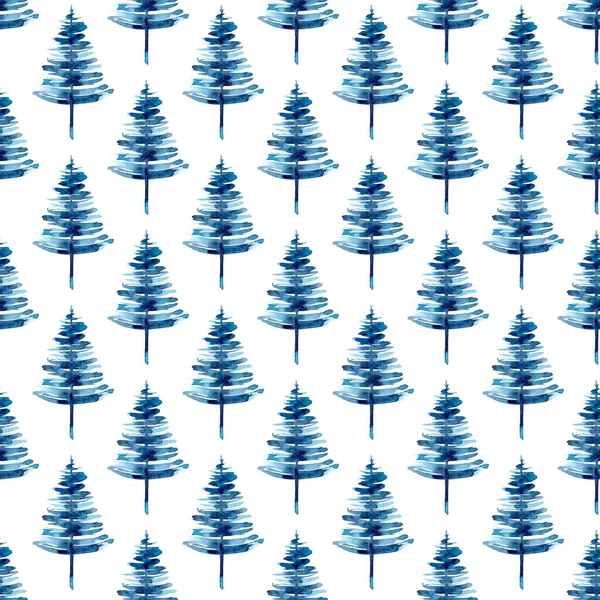 XMAS υδατογραφία Pine Tree Seamless Pattern σε μπλε χρώμα. Χέρι βαμμένο έλατο φόντο ή ταπετσαρία για στολίδι, περιτύλιγμα ή δώρο Χριστουγέννων — Φωτογραφία Αρχείου