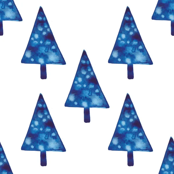 XMAS watercolor Fir Tree Seamless Pattern in Blue Color (dalam bahasa Inggris). Latar belakang pohon pinus Spruce atau kertas dinding untuk hiasan, pembungkus, atau dekorasi Natal — Stok Foto