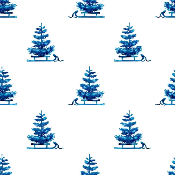 XMAS υδατογραφία Pine Tree and Sleigh Seamless Pattern σε μπλε χρώμα. Χέρι βαμμένο έλατο φόντο ή ταπετσαρία για στολίδι, περιτύλιγμα ή δώρο Χριστουγέννων — Φωτογραφία Αρχείου