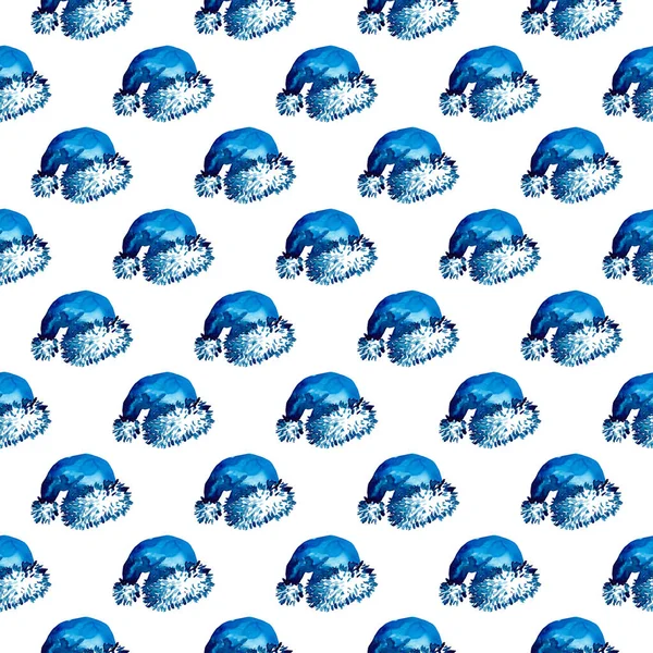 Warna air XMAS Santa Claus Hat Seamless Pattern in Blue Color. Latar belakang kostum PaintedCap Tangan atau wallpaper untuk Ornamen, Lipatan atau Hadiah Natal — Stok Foto