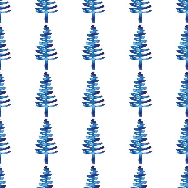 XMAS acuarela árbol de abeto patrón sin costura en color azul. Pino pino pintado a mano fondo o fondo de pantalla para ornamento, envoltura o decoración de Navidad — Foto de Stock