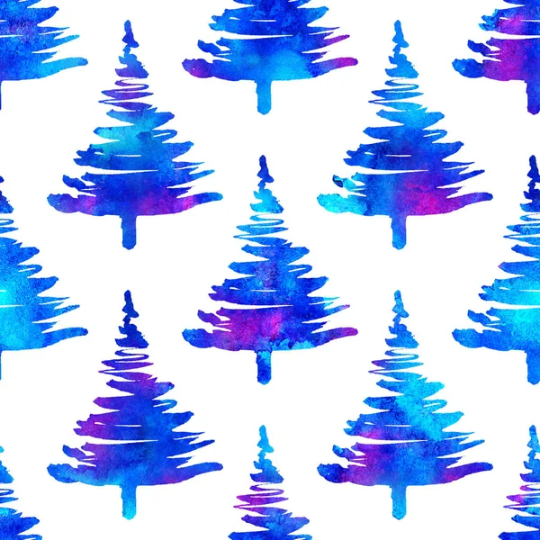 XMAS-Aquarell Tanne Nahtloses Muster in blauer Farbe auf weißem Hintergrund. Handbemalte Aquarell-Fichtenbaumtapete für Ornament, Verpackung oder Weihnachtsdekoration — Stockfoto