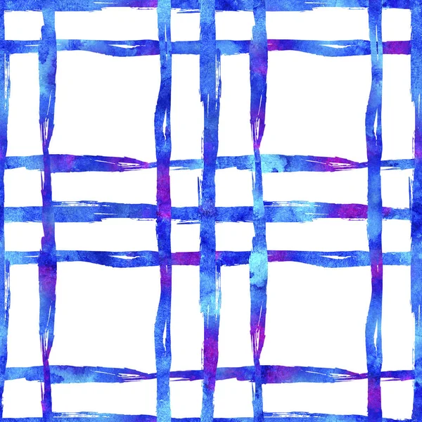 Aquarel borstel Plaid naadloos patroon Hand geschilderd check bereik geometrisch ontwerp in blauwe kleur. Moderne beroertes en strepen — Stockfoto