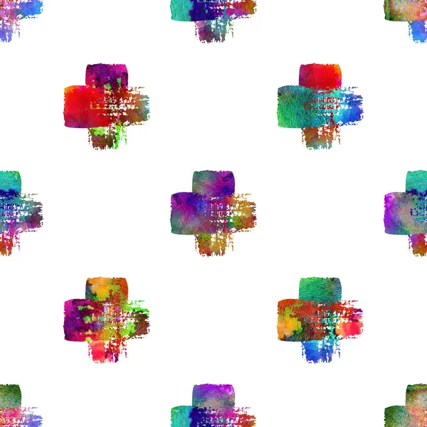 Watercolor Brush Cross Seamless Pattern Grange Geometric Design in Rainbow Color. Modern Grung Collage Background