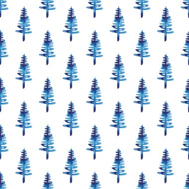 XMAS suluboya firavun ağacı mavi renkte kusursuz desen. El boyalı çam ağacı arka planı veya süs, ambalaj veya Noel süslemesi için duvar kağıdı