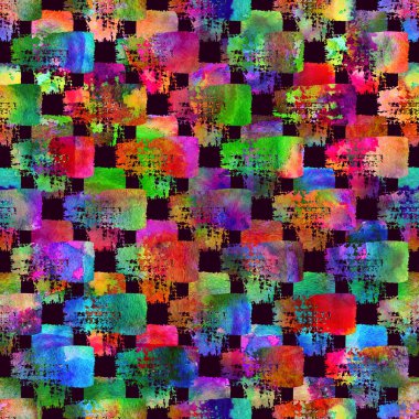 Suluboya Fırça Ekoseli Şekilsiz Grange Denetimi Gökkuşağı Rengi Geometrik Tasarımı. Çocuklar için Modern Strokes Grung Kolajı Kumaş ve Tekstil