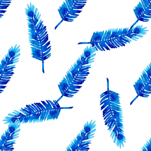 XMAS 워터 컬러 브랜치 Pine Tree Seamless Pattern in Blue Color. 손으로 그린 식물상 가지들의 전나무 배경이나 장식, 래핑 또는 크리스마스 선물을 위한 벽지 — 스톡 사진