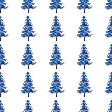 XMAS suluboya firavun ağacı mavi renkte kusursuz desen. El boyalı çam ağacı arka planı veya süs, ambalaj veya Noel süslemesi için duvar kağıdı