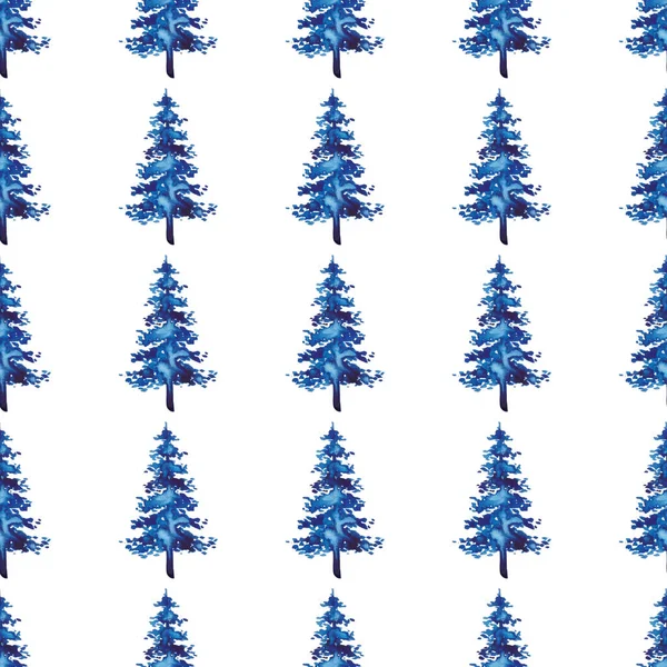 XMAS watercolor Fir Tree Seamless Pattern in Blue Color. Hand Painted Spruce Pine tree background or wallpaper for Ornament, Wrapping or Christmas Decoration — Stock Photo, Image