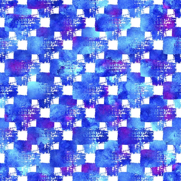 Pincel de acuarela Plaid Seamless Pattern Hand Painted Check Grange Diseño geométrico en color azul. Golpes y rayas modernas —  Fotos de Stock