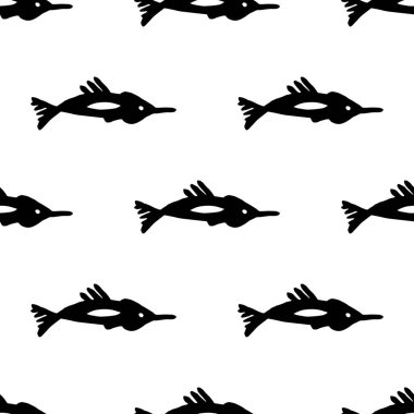 Elle çizilmiş, pürüzsüz, kabile işaretli bir şekil. Tasarımınız için çizim, Wallaper, tekstil, baskı. Afrika kültürü. Kumaş afro süs. Balık sanatı. Beyaz arkaplanda siyah renk.