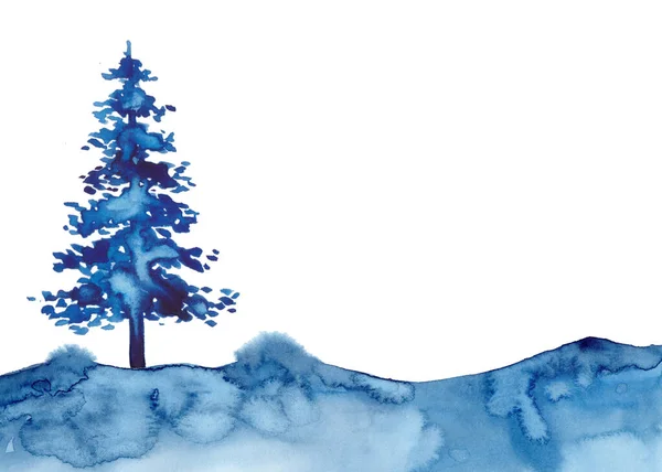 Noel Suluboya Mavi Ağaç Tasarımı Stili XMAS çam ağacı ve kar Yeni Yıl 'ın izole edilmiş bir resmi. - Evet. Kağıt üzerinde yılbaşı resmi. Çelenk çizimi.