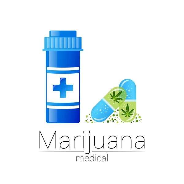 医用大麻的载体符号。大麻的商标类型，天然草药，治疗，医生和商店，商业。被白色背景隔离。蓝色和绿色。药丸和片剂保健 — 图库矢量图片