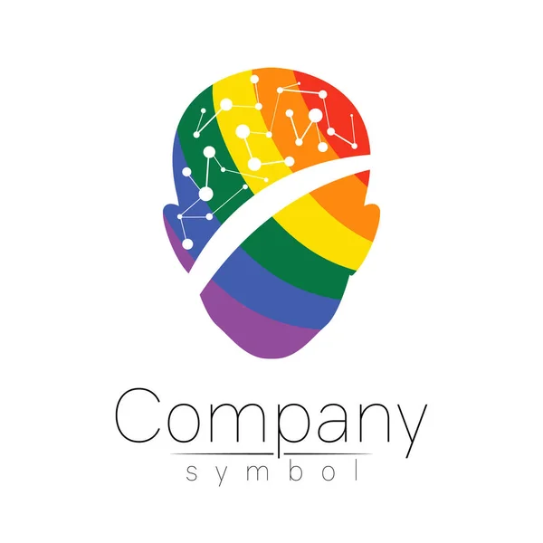 Vector logo symbol of human head. Person face. Rainbow color isolated on white. Concept logotype sign for business, science, psychology, medicine, technology, LGBT. Creative sign design Man silhouette — Stock Vector