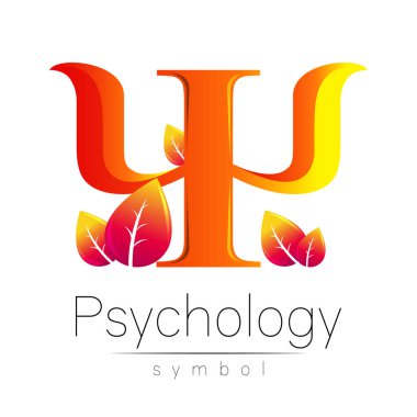 Modern Vektör logosu, Psikoloji Turuncu Harf Psi ve Yaratıcı Yapraklar. Vektör logoti. Tasarım konsepti. Marka şirketi. Beyaz arkaplanda izole.