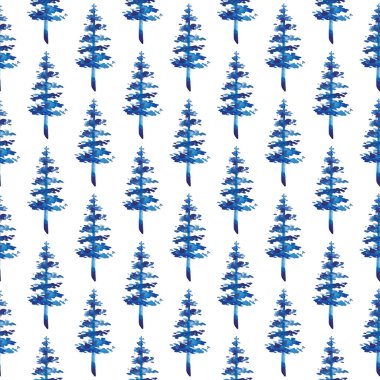 XMAS suluboya firavun ağacı mavi renkte kusursuz desen. El boyalı çam ağacı arka planı veya süs, ambalaj veya Noel süslemesi için duvar kağıdı