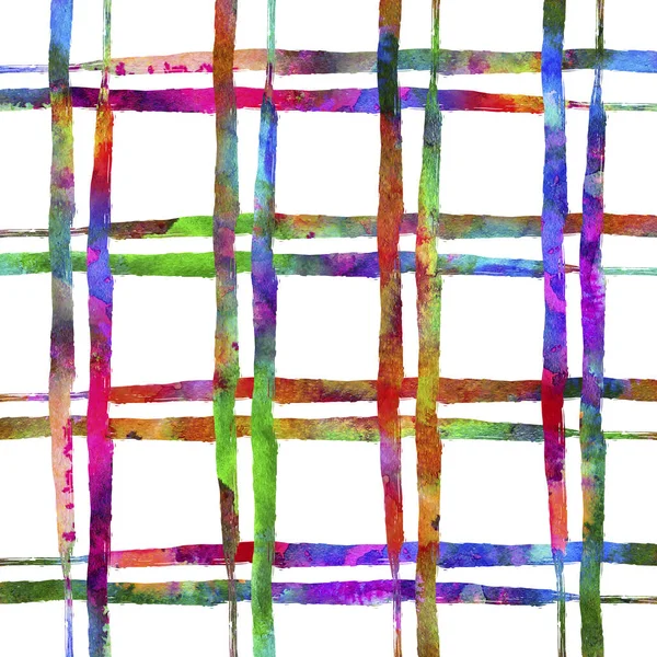 Akwarela Szczotka Plaid bezszwowy wzór Grange Sprawdź projekt geometryczny w kolorze tęczy. Nowoczesne Strokes Grung Collage Tło dla tkanin i tekstyliów dla dzieci — Zdjęcie stockowe