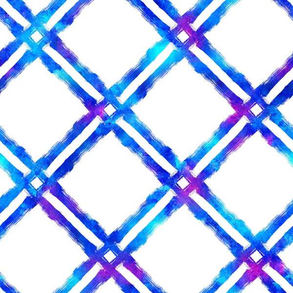 Spazzola ad acquerello Plaid senza cuciture Pattern dipinto a mano Check Grange Design geometrico in colore blu. Strokes e strisce moderne — Foto Stock