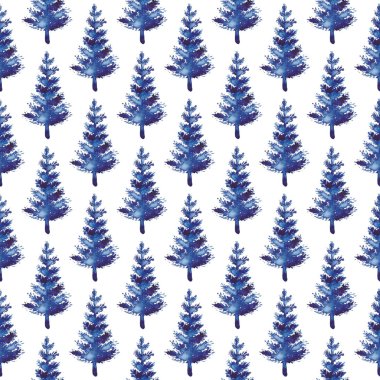 XMAS suluboya firavun ağacı mavi renkte kusursuz desen. El boyalı çam ağacı arka planı veya süs, ambalaj veya Noel süslemesi için duvar kağıdı