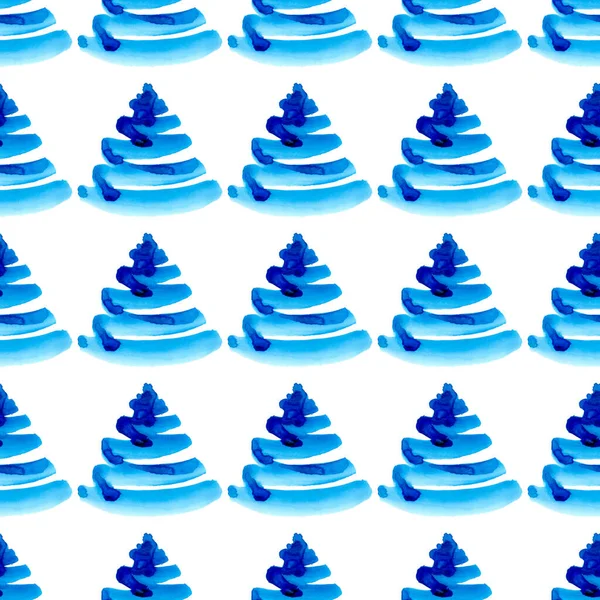 XMAS Aquarell Pine Tree Seamless Pattern in blauer Farbe. Handbemalter Tannenbaum Hintergrund oder Tapete für Ornament, Verpackung oder Weihnachtsgeschenk — Stockfoto