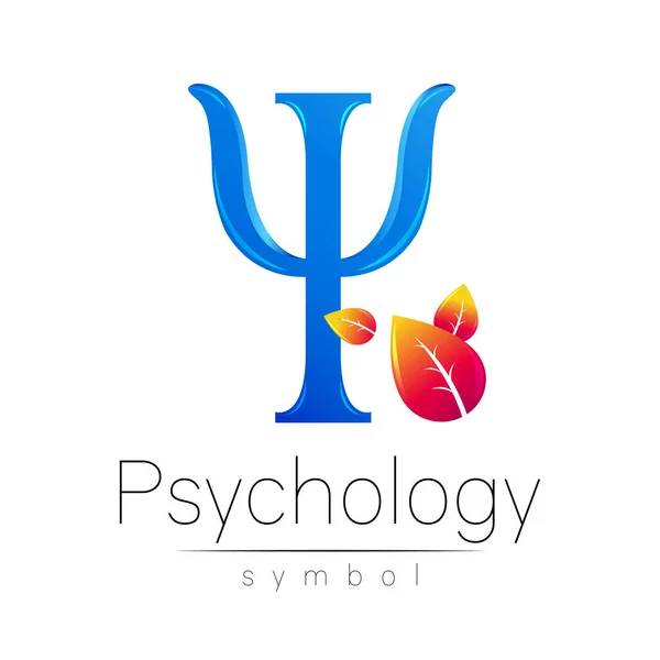 Modernes Vektor-Logo von Psychology Letter Psi mit Blättern im kreativen Stil. Logotyp im Vektor. Designkonzept. Markenunternehmen. Blaue Farbe auf weißem Hintergrund. — Stockvektor