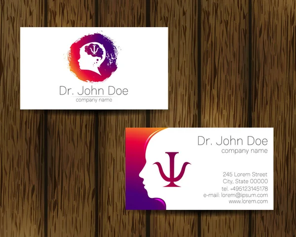 Psychology Vector Business Card Human Head і Letter Psi Сучасний логотип Творчий стиль на Tree Bacground. Профіль на концепцію силуету. Бренд компанії. Вживання особистих візитних карток. — стоковий вектор