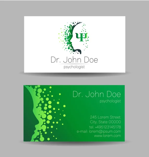 Psychology Vector Business Visit Card з логотипом Psi Psy Modern в стилі Green Color Creative. Human Head Profile Silhouette Design Концепція дизайну для Branding Company — стоковий вектор