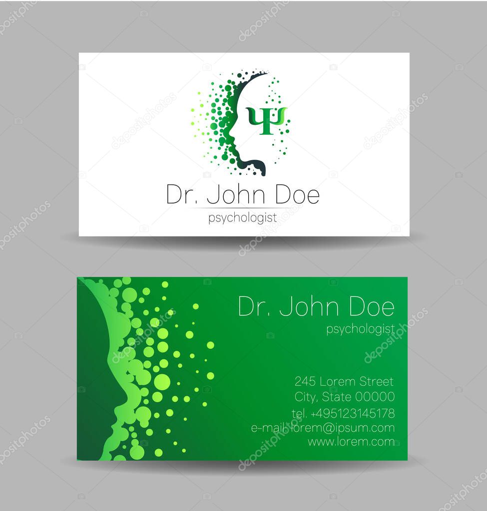 Psychology Vector Business Visit Card with Letter Psi Psy Modern logo in Green Color Creative style. Human Head Profile Silhouette Design concept for Branding Company