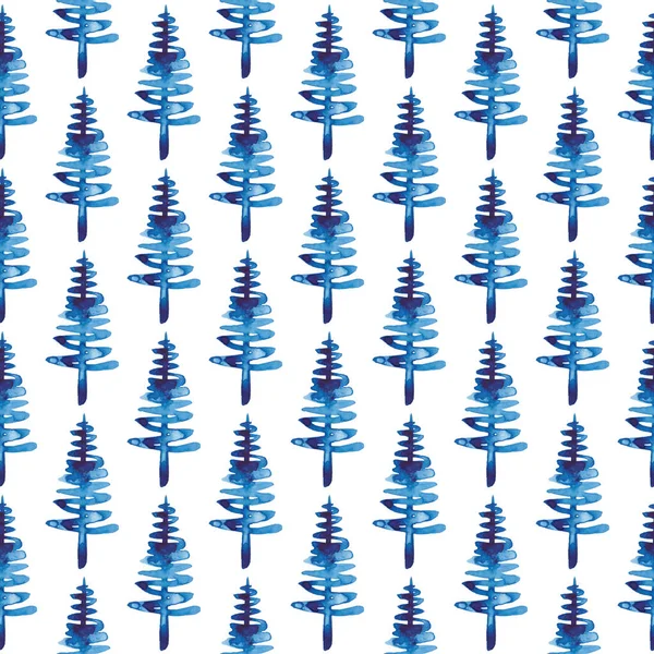 XMAS υδατογραφία Fir Tree Seamless Pattern σε μπλε χρώμα. Χέρι βαμμένο έλατο πεύκο φόντο ή ταπετσαρία για διακόσμηση, περιτύλιγμα ή χριστουγεννιάτικη διακόσμηση — Φωτογραφία Αρχείου
