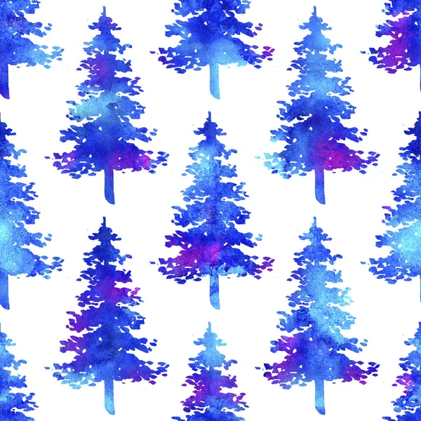 XMAS acquerello Abete Seamless Pattern in colore blu su sfondo bianco. Carta da parati dipinta a mano abete rosso pino per ornamento, avvolgimento o decorazione di Natale — Foto Stock