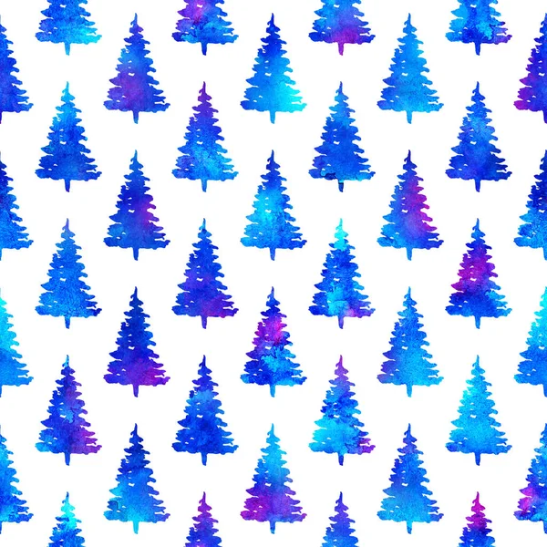 XMAS watercolour Fir Tree Seamless Pattern in Blue Color on white background. Hand-Painted Watercolor Spruce Pine tree wallpaper for Ornament, Wrapping or Christmas Decoration — Stock Photo, Image