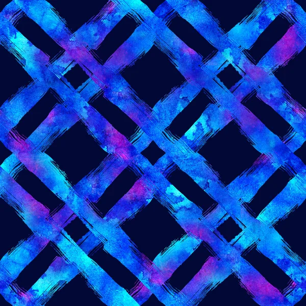 Aquarel borstel Plaid naadloos patroon Hand geschilderd check bereik geometrisch ontwerp in blauwe kleur. Moderne beroertes en strepen — Stockfoto